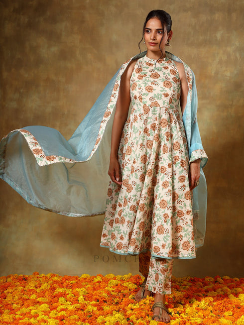 Pomcha Jaipur Beige Halter Neck Cotton Anarkali Set